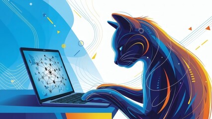 Cat using laptop in a tech background