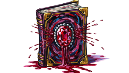 Bloody ancient tome with gemstone emitting blood isolated on transparent background