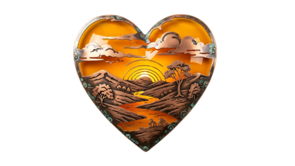 Heart shaped landscape with orange sunset isolated on transparent background
