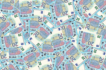 Background of scattered twenty Euro banknotes money texture