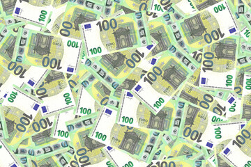 Background of scattered one hundred Euro banknotes money texture