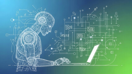 The robot using a laptop in a technology background