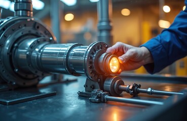 Worker inspects complex machine part. Hand holds light near metal component. Precision engineering and quality control in factory setting. Industrial production line process.