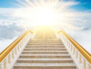 Majestic white marble staircase with golden railings leading upward to a bright light in the clouds. Spiritual concept of heaven, success, or the afterlife.