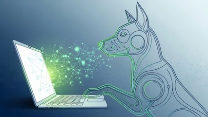Dog using laptop in a tech background