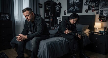 Fototapeta premium A concerned parent and their troubled teenage child sit separately on a bed in a dark room, showcasing deep family conflict, emotional distance, and confusion during difficult years.