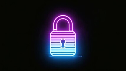 Neon glowing padlock icon in vibrant pink and blue light on dark background, cyber security, data encryption, digital protection, futuristic privacy technology and virtual network safety illustration - Powered by Adobe