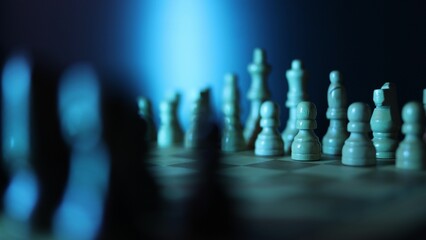 Chess, dynamic video of chess pieces on a rotating chessboard, the concept of confrontation between black and white. intellectual play, willingness to make the first move, Semi-darkness and blue