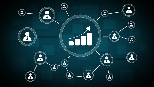 Man with chart business web diagram. People communication chain system animation background. 4k video