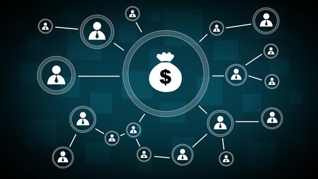 Money button web with dollar sign virtual. People communication chain system animation background. 4k video