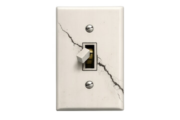 Broken light switch with a cracked faceplate and damaged toggle, depicting a home repair need, isolated on transparent background