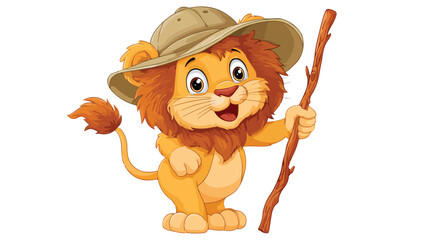 Cute Baby Lion Cartoon with Walking Stick and Hat