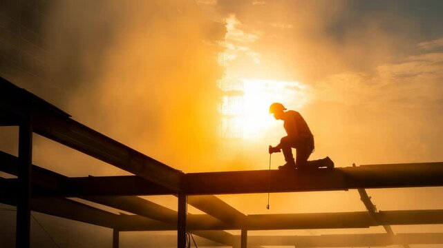 Construction worker welding steel beams at sunset with bright sun and clouds