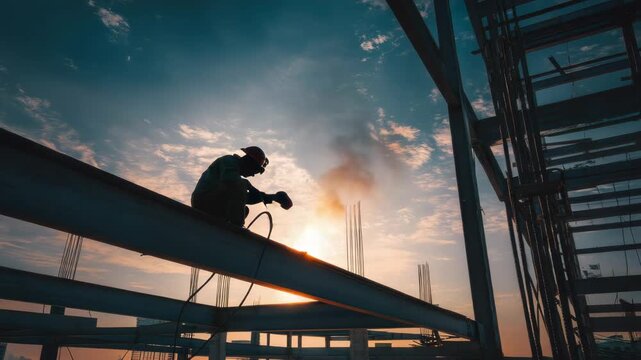 Silhouette of a construction worker welding on a steel beam at sunset