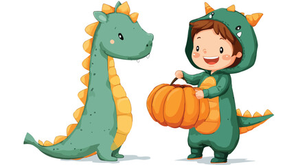 Cute Boy in Dragon Costume Holding Halloween Pumpkin Vector Illustration