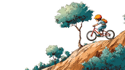 Young Boy Riding Bicycle Downhill on a Vector Road with Outline