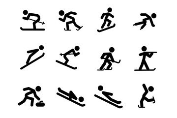 Twelve winter sports pictograms: skiing, snowboarding, ice skating, sledding, curling, and biathlon vector icon set
