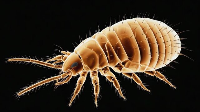 Macro 3D visualization of detailed micro insect body with transparent structure and glowing light, symbolizing biology, microscopy, scientific exploration of living microorganisms and their anatomy.