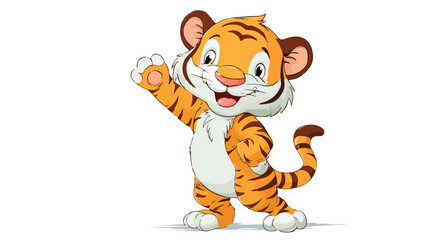 Cute Cartoon Baby Tiger Standing and Waving Vector with Outline