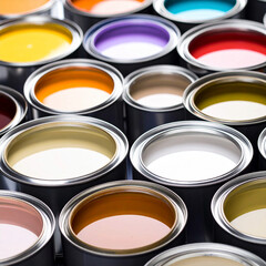 Fototapeta premium Top view of open paint cans filled with different colors, representing creativity, color selection, renovation, design inspiration, and professional painting concepts for home improvement.