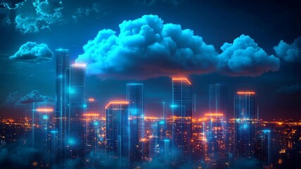 Futuristic city skyline illuminated by blue holographic clouds and digital lights, representing data technology, cloud computing, smart cities, and global communication networks of the future. - Powered by Adobe