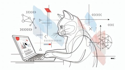 Cat using laptop in a tech background