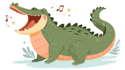 Obraz premium Cartoon Cute Crocodile Singing Vector Illustration with Outline Isolated on White Background