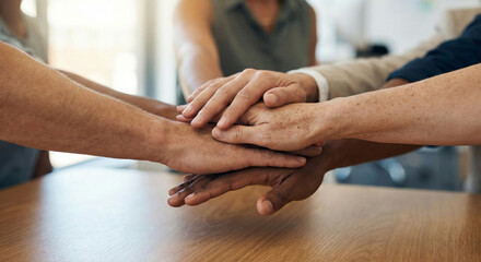 stacked hands, group of people joining hands in unity, collaborative teamwork, business partnership, corporate synergy