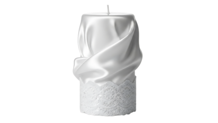 Elegant white candle with lace base and satin wrap