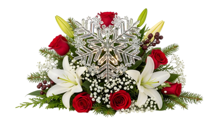 Beautiful christmas flower arrangement with red roses and white lilies
