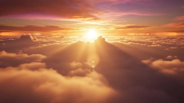 Aerial view flying over a sea of clouds illuminated by a stunning golden sunset. Beautiful sunbeams piercing through the cloudscape
