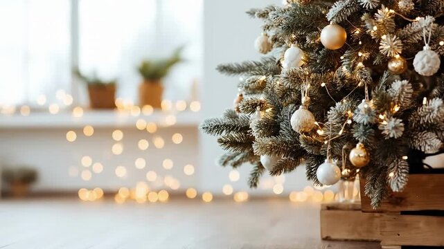 Elegant Christmas tree decorated with white and silver baubles. Close up of winter holiday ornaments hanging on green fir branches with blurred window background. Minimalist style