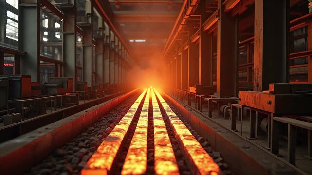 Red hot metal billets moving along a conveyor in industrial factory for steel production and heavy industry.