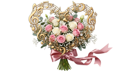 Beautiful bouquet of roses with musical notes and ribbon