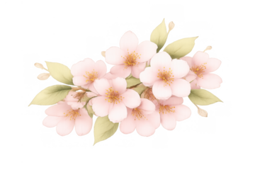 Watercolor cherry blossom bouquet with delicate pink flowers and green leaves, spring floral element on transparent background