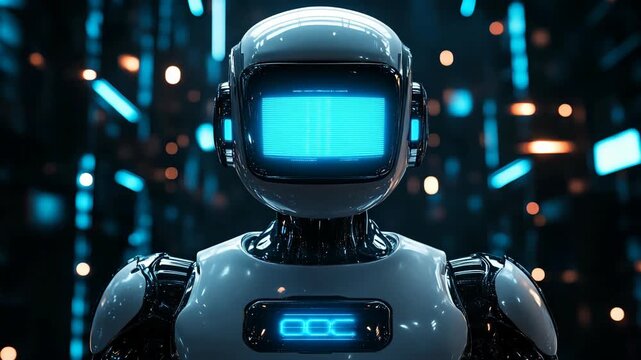Futuristic robot with glowing blue visor surrounded by neon holographic lights, artificial intelligence, advanced robotics, innovation, and the merging of human creativity with modern technology