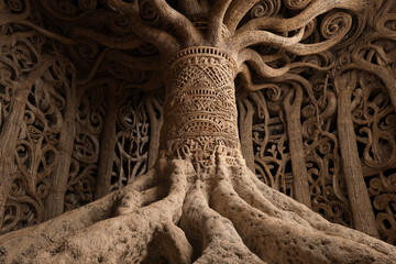 Baobab tree roots carved into intricate shapes representing symbolic Botswanan cultural motifs and designs.