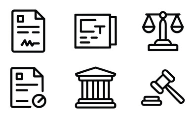 Black line icon set representing legal concepts, justice system, law documents, courthouse, and judicial tools