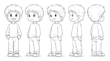 Smiling Happy Boy Vector with Outline Character Isolated on White Background