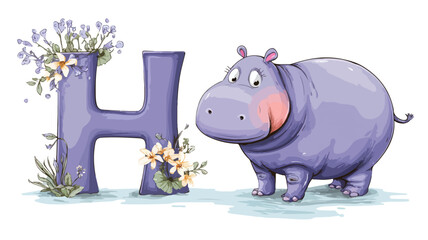 Cute Hippo Cartoon and Letter H Vector Design with Outline for Kids