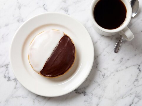 A classic black and white cookie with half chocolate and half vanilla icing served on a white plate next to a cup of black coffee on a elegant marble tabletop.