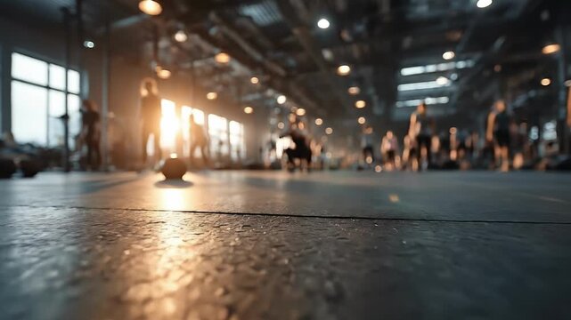 Blurred interior of a modern gym with sunlight streaming through large windows, featuring a textured floor in the foreground and figures training in the background