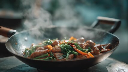 Meat with fresh vegetables cooking in asian wok pan. Asian healthy and delicious fast street food at home 