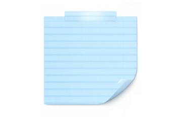 Blue lined sticky note for adding text, memo, or reminder. Paper taped at top with curled corner. Transparent background