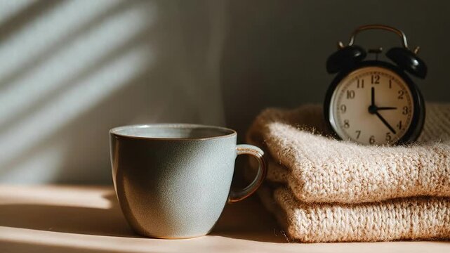 Steaming ceramic cup of coffee on a wooden table next to a soft folded beige sweater and a vintage alarm clock, illuminated by warm morning sunlight and shadows