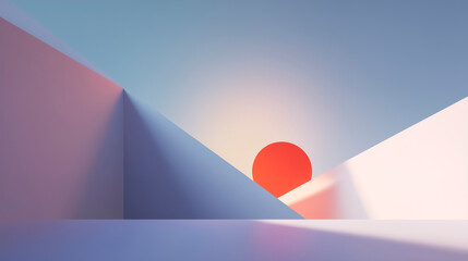 Abstract landscape of geometric shapes with a red sun and minimalist shadows representing the concept of future vision and new beginnings