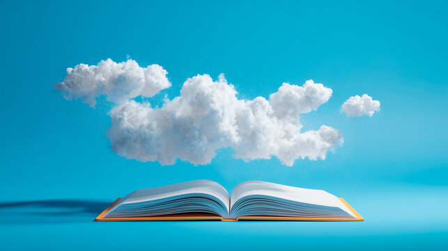 Open book with fluffy white clouds floating over the pages on a blue background representing the concept of limitless imagination and creativity