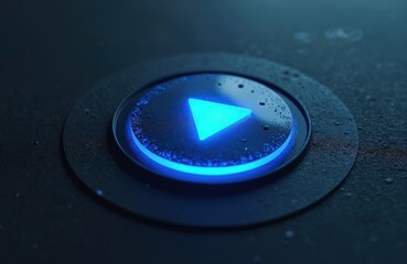 Bright blue play button glows on dark textured surface. Symbol starts media stream or game launch. Interface element suggests action or control.