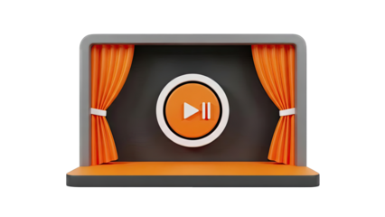 3D Play Button Icon on Stage with Curtains