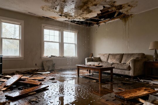 Water-damaged living room with a leaking ceiling, soaked furniture, and debris scattered across the floor, illustrating the impact of severe weather on home interiors